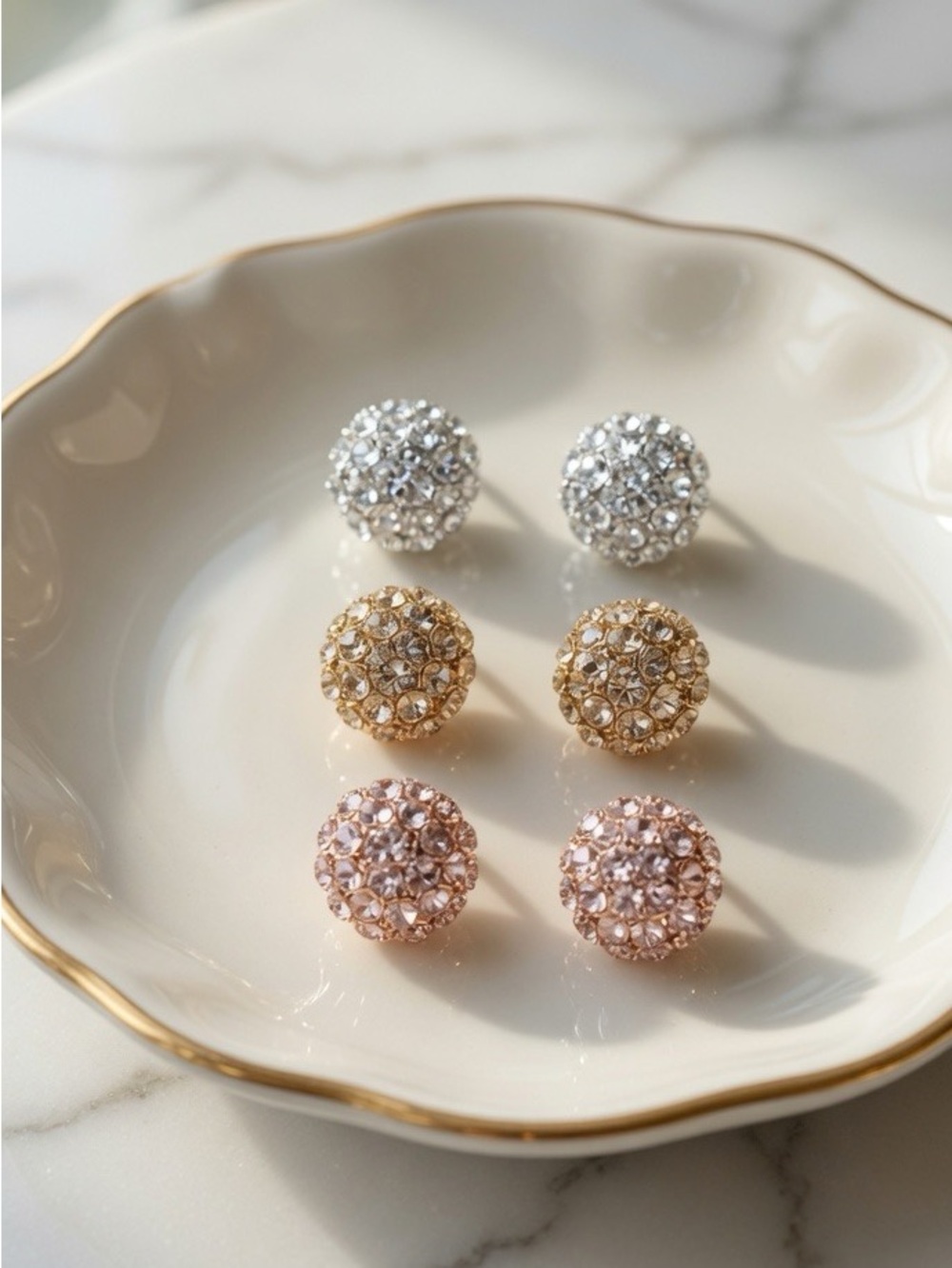 14K Gold Silver and Rose Gold Stud Earrings 3 Pairs Sparkly Shimmer
